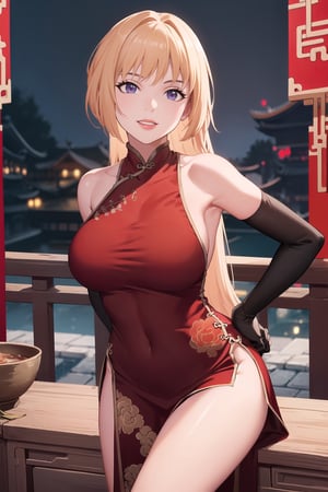 (best quality), (highly detailed), masterpiece, (official art),sumire kakei, posing, red lips, lips, (blonde hair), smile, ((long hair)), ((((chinese dress, revealing dress, red dress:1.2)))), elbow gloves,  latex:1.4, looking at viewer, china, asiática, city, night, sky, (intricately detailed, hyperdetailed), blurry background,depth of field, best quality, masterpiece, intricate details, tonemapping, sharp focus, hyper detailed, trending on Artstation,1 girl, high res, official art,b1mb0,AZ,chinese dress