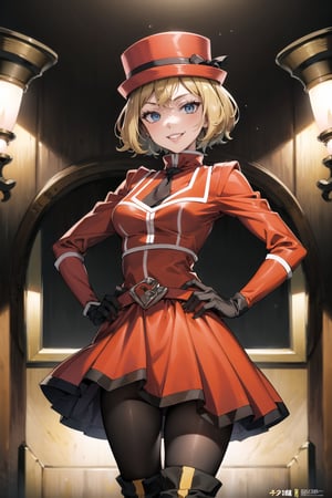 (best quality), (highly detailed), masterpiece, (official art),serena, hat, red hat , short hair, (team flare:1.2), gloves, hand on hip, thighhighs, hat, thigh boots, dress, belt, red dress, pantyhose, (lips), grin, smirk, hand on hip, cowboy shot, looking at viewer, indoors, blurry background,depth of field, best quality, masterpiece, intricate details, tonemapping, sharp focus, hyper detailed, trending on Artstation,