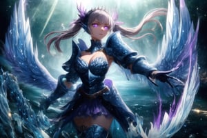 GFX wallpaper featuring Noelle Silva as a Valkyrie, with twintailed silver hair and shimmering water armor that appears both solid and liquid. The scene is illuminated by a radiant sword in her hand, casting light across the battlefield. Her wings, crafted from water, sparkle as if catching the light of a distant sun, and her purple eyes glow intensely. Water splashes around her armor, and energy beams shoot through the background. Her armored dress is detailed with intricate runes and silver accents, all glimmering as if imbued with magic. The background shows crashing waves, with water particles frozen mid-air, glowing in vibrant blue, violet, and white hues., glowing eyes