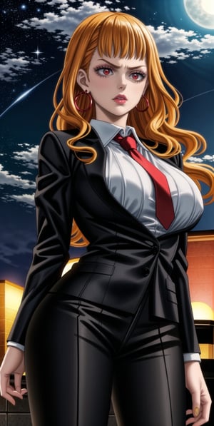 mimosa vermillion, orange hair, red hair, ((long hair)),  (((hoop earrings, makeup, lips))), ((large breast)) ,(((narrow_waist))), ((((black suit, black pants)))), white shirt, red necktie, 1girl, earrings, jewelry, night, solo, outdoors, city, star \(sky\), ((red necktie:1.2)), moon, night sky, red eyes, starry sky, sky, shirt, moonlight, formal, standing, full moon, suit, cowboy shot, day,  pants, blue sky,((((black business suit)))), standing,sexy lawyer,(glaring:1.2),glistening skin, (black suit:1.5),  ,<lora:659111690174031528:1.0>