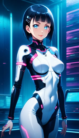 score_9, score_8_up, score_7_up, intricate details, suguha, short hair, black hair, bob cut, hairclip, hair ornament, blunt bangs, lips, smile, pose, bodysuit, cowboy shot, angle, femobt,Remodeling, pink eyes, blue eyes, glowing eyes, android, barcode,blue lips,,StandingAtAttention,cyberpunk,FuturEvoLabRoom