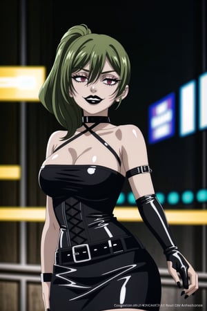 ((best quality)),  ((highly detailed)),  masterpiece,(Black lips:1.4), (white skin:1.4), ((official art)),  detailed face,  beautiful face, (cross-laced clothes:1.3), narrow_waist:1.3, dominatrix:1.4 , (intricate Black dress:1.4), (detailed eyes,  deep eyes),(science fiction, cyberpunk:1.3, street, shopping, dark background),((smirk, grin, naughty face, seductive smile, smug)) ,cowboy shot,(lips), (ubel, medium hair, hair between eyes, green hair, side ponytail), (red eyes:1.3),   (spiked bracelet), corset:1.4,chinese dress:1.2, (intricate black earring:1.3), curvaceous, voluptuous body, (makeup:1.5) (lips:1.3), (latex),  (black tube top:1.2), gloves, fingerless gloves, skirt, black choker, belt, pencil skirt, pantyhose, miniskirt, (black skirt), black gloves, black legwear, black choker, Black nails,large breasts:1.2, conspicuous elegance, snobby, upper class elitist, possesses an arroaant charm. her Dresence commands attention and enw, (intricately detailed, hyperdetailed), blurry background, depth of field, best quality, masterpiece, intricate details, tonemapping, sharp focus, hyper detailed, trending on Artstation, 1 girl, solo, high res, official art,RockOfSuccubus,<lora:659111690174031528:1.0>