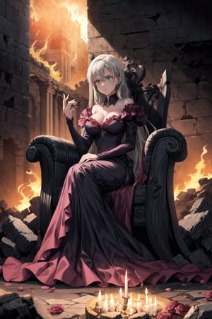 Anime illustration of Elizabeth, transformed into the corrupted ruler of Hell, sitting on a luxurious golden throne on a grand balcony. Her long hair flows from a gradient of white to black, symbolizing her descent into darkness, and her once green eyes now glow with a menacing red hue. She wears an elaborate black and red gown adorned with sinister symbols and glowing red accents, reflecting her dominance and cruelty.

Elizabeth's expression is cold and devoid of emotion as she holds a delicate porcelain teacup with her right hand, her left finger placed on her lips in a gesture of silence. Her gaze is fixed on the scene before her, a hellish landscape of a city engulfed in flames. Tall buildings and ancient architecture are crumbling and burning, casting an orange and red glow across the sky, creating a dramatic and chaotic atmosphere.

The balcony is decorated with large vases overflowing with vibrant red roses, some petals gently falling in the foreground, adding a touch of morbid beauty to the scene. The setting sun enhances the fiery ambiance, casting long shadows and illuminating the destruction.

On the table beside her, there are various elegant tea sets and a candlestick with lit candles, adding a warm light to the dark setting. Rivers of lava flow through the city, jagged rocks protrude from the ground, and tormented souls can be seen in the distance. Dark clouds swirl above with lightning illuminating the oppressive atmosphere of her dominion.

Details:

Elizabeth's gown has intricate gold embroidery and shoulder epaulets, signifying her regal yet malevolent status.
Her throne is adorned with dark, gothic designs and glowing red gems.
The flames and lava cast a flickering light on her cold, emotionless face, emphasizing her transformation.
The roses on the balcony are vibrant, yet some are wilted, symbolizing corruption and decay.
The background shows a mix of ruined ancient architecture and modern buildings, enhancing the sense of chaos and destruction.
The lighting highlights the contrast between the opulence of Elizabeth's appearance and the devastation of the landscape.