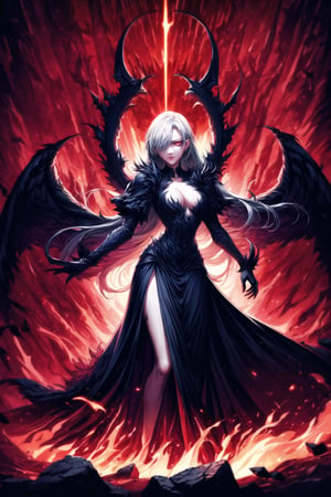 Elizabeth, white hair,hair_over_eye ,lips, ruler of hell, black wings,darkness wings,wings,demon wings,stands as a malevolent dictator, her long hair flowing like darkness itself, gradient from white to dark, framing her cold gaze. Her elaborate gown, adorned with sinister symbols and glowing red accents, reflects her dominance and cruelty. The background features a hellish landscape: rivers of lava, jagged rocks, tormented souls, and dark clouds with lightning. Eerie, red and black glows illuminate the scene, capturing the dark and oppressive atmosphere of her dominion.,shadow