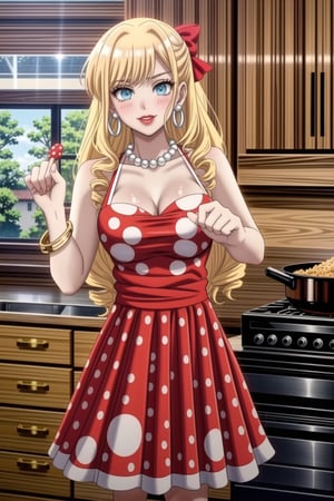 ((best quality)),  ((highly detailed)),  masterpiece,1girl, 1girl,  seductive smile, solo,   (Stepford),lips, makeup, lipstick,red lips, (pose),(polka dot:1.4), (polka dot dress:1.4),(pearl necklace:1.2), pearl bracelet, bare shoulders,(red dress:1.2),aroused, blush ,standing,  (large pearl necklace), (hoop earrings:1.2), looking at viewer, standing, cowboy shot, kitchen, cooking, indoors, house, windows, cortain, food,ClaireFran ,jewelry,bangs,drill hair, hair bow, blue eyes, bow ,blonde hair, long hair,drill hair,<lora:659111690174031528:1.0>