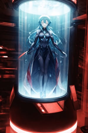 In a futuristic laboratory, Sinon floats serenely in a stasis chamber within a cylindrical, transparent glass enclosure, surrounded by luminescent blue liquid and delicate bubbles. Her blue hair drifts gently around her, as her expression remains peaceful and eyes closed. The glass is slightly fogged from condensation, adding realism to the scene. Outside the chamber, shadowy figures of scientists observe and record data, their faces obscured, hinting at a larger experiment.