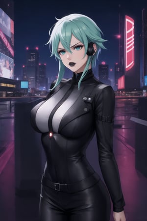 (best quality), (highly detailed), masterpiece, (official art),  Sinon, black lips:1.2, lips:1.3, wearing a sleek black suit, earpiece in one ear, standing guard at the entrance of a high-tech skyscraper. The surrounding area is illuminated by neon lights, and her stern gaze scans the crowd for any signs of trouble. The night sky is filled with flying cars, and the city skyline is visible in the background, with a mix of modern architecture and holographic advertisements., ,hd quality, perfect face ,realistic, realistic body , perfect face sync,,b1mb0, 