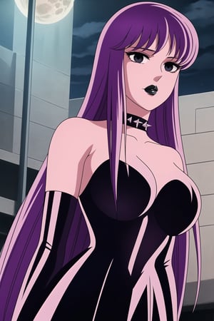 ((best quality)),  ((highly detailed)),  masterpiece,  ((official art)),(Saori Kido, Saori, long hair, purple hair),((black eyes, empty eyes,expressionless,hypnosis)),(((white skin))) ,((makeup,lipstick, black lips:1.2)),absurdres, (spiked collar:1.2), black cape, cape, coyboy shot:1.3, thighhighs, lips,  blush,  (black latex:1.3),  black dress:1.2,  miniskirt  ((bodyconf)),  bare shoulders,  (( strapless)),  large breast,  looking at viewer,  street,  city,  nigth,  moon,  club,  (nigth club),  , hd quality,  perfect face , realistic,  realistic body,  perfect face sync,  , b1mb0,,,black lips,Saori Kido