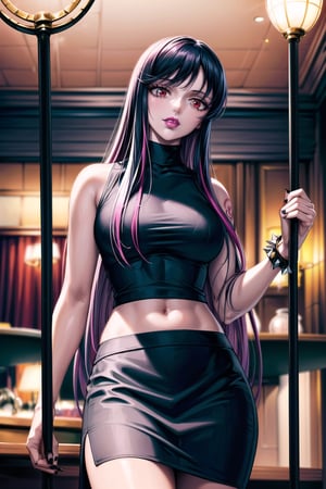 ((best quality)),  ((highly detailed)),  masterpiece,  ((official art)), (Saori, long hair, black hair:1.2, red eyes:1.2, multicolored hair:1.3),RockOfSuccubus, (lips:1.2), (black lips:1.4), black nails, (( holding staff, staff, head_tilt)),  (pubic tattoo:1.3), navel, midriff, sleeveless, bare shoulders, figure, turtleneck, ((black shirt)), (black pencil skirt), (office), lady office, , building, bracelet, parted lips, indoors, intricately detailed, hyperdetailed, blurry background, depth of field, best quality, masterpiece, intricate details, tonemapping, sharp focus, hyper detailed, trending on Artstation, 1 girl, high res, official art