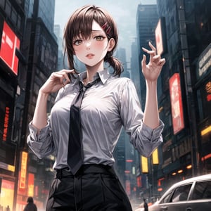 ((best quality)),  ((highly detailed)),  masterpiece,  ((official art)), 
1girl, solo, cute, brown eyes, black hair, swept bangs, single sidelock, red hairclip, (lips:1.2), pose:1.4,  ,white collared shirt, black necktie, black pants, formal,,  (cyberpunk:1.2),  girl,  outdoors, dramatic reveal,  suspenseful,  urban environment,  mysterious ambiance,  dramatic lighting,  cinematic scene,  self-transformation,  supernatural,  otherworldly,  metamorphosis,  mystical,  mystical energy,  power awakening.,  intricately detailed,  hyperdetailed,  blurry background, depth of field,  best quality,  masterpiece,  intricate details,  tonemapping,  sharp focus,  hyper detailed,  trending on Artstation, 1 girl,  high res,  official art,kobeni higashiyama,Kobeni 