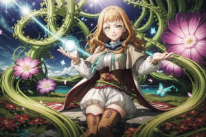 1girl, mimosa_vermillion, orange hair, long wavy hair, green eyes, red earrings, turtleneck sweater, corset, capelet, red cape, thighhighs, thigh boots, sitting on a stone, surrounded by blooming flowers, clear sky, plants growing under her touch, large colorful leaves and vines forming a throne, midday sun, bright natural lighting, smiling softly, magic energy radiating from her hands, petals floating in the air around her, butterflies gathering near her, peaceful nature atmosphere, GFX effects: vibrant floral aura, glowing petals, magic vines glowing softly, lens flare from the sun, energetic magical swirls, gentle wind stirring the flowers, bright and serene, powerful contrast between magic and nature
