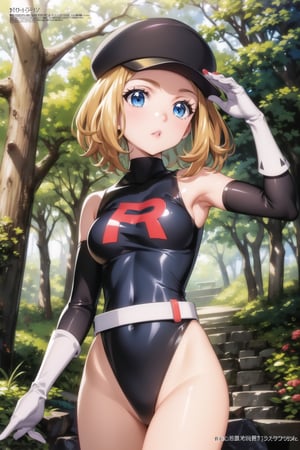 ((best quality)),  ((highly detailed)),  masterpiece,  ((official art)),  ((serena)), 1girl, solo, orange hair, blue eyes, blonde hair, short hair, bangs, black headwear, cabbie hat, hat, parted lips, expressionless ,Grunt Team Rocket, dress, black dress, (leotard:1.3), long sleeves, gloves, elbow gloves, belt, grey belt,1girl, outdoors, forest, nigth, salute