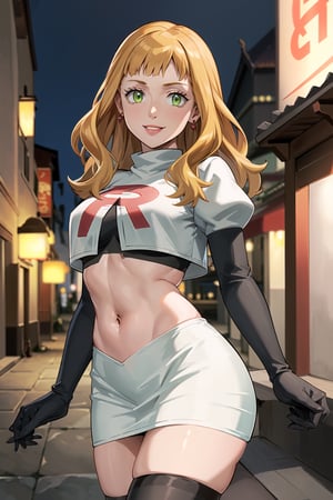 (best quality), (highly detailed), masterpiece, (official art), mimosa vermillion, orange hair, green eyes, red earrings, posing, lips,( evil smile), Team Rocket, cropped jacket, white jacket, crop top, jacket, gloves, black gloves, elbow gloves, navel, midriff, white skirt, miniskirt, skirt, thighhighs,, looking at viewer, china, asiática, city, night, sky, (intricately detailed, hyperdetailed), blurry background,depth of field, best quality, masterpiece, intricate details, tonemapping, sharp focus, hyper detailed, trending on Artstation,1 girl, high res, official art