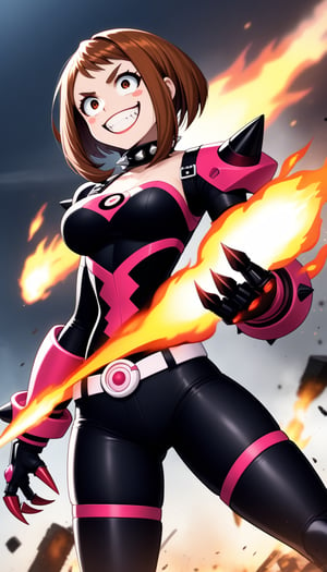 score_9, score_8_up, score_7_up, intricate details,1girl, ochako uraraka, solo, short brown hair, bob cut, evil grin, sharp teeth, malicious expression, crazy eyes, constricted pupils, black sclera,  spiked gauntlets, oversized grenade bracers, black combat boots, orange belt,  sinister expression, wearing black leather corset, tight dark outfit, spiked shoulder pads, thigh-high boots, high heels, exposed midriff, body harness, leather straps, sharp claws, metallic accessories, explosive accessories, spiked collar, villain aura, standing pose, flames in background, explosions, smoke, dark atmosphere, anime style, dynamic lighting, glowing embers, chaotic energy, destruction, confident stance, sadistic grin, villainous attitude,black sclera eyes