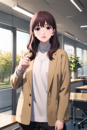 ((best quality)), ((highly detailed)), masterpiece, ((official art)), yuki itose, long hair, bangs, ((brown hair, black hair)), (purple eyes:1.1), blunt bangs, (wavy hair),
BREAK jacket, sweater, lips, red shirt,
BREAK indoors,
BREAK looking at viewer,  (office:1.3), (window, indoors, plant), (lips:),, solo, (cowboy shot:1.2), standing, , intricately detailed, hyperdetailed, blurry background, depth of field, best quality, masterpiece, intricate details, tonemapping, sharp focus, hyper detailed, trending on Artstation, 1 girl, high res, official art, ,yuki itose,emma nakazono,empty eyes