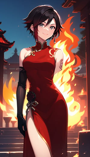 score_9, score_8_up, score_7_up, intricate details, ruby rose, short hair, black hair, red hair, grey eyes, evil smile, looking at viewer, standing,red dress, china dress, asymmetrical sleeves, black gloves, elbow gloves, earrings, outdoors, fire