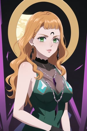 (best quality), (highly detailed), masterpiece, (official art),mimosa vermillion, orange hair, green eyes , makeup, ((black moon, forehead mark, crescent facial mark, black crystal earrings)), jewelry,  black dress, sleeveless dress, short dress, high collar, black gloves, long gloves, large turquoise necklace, gemstone necklace,  black choker, purple background, room