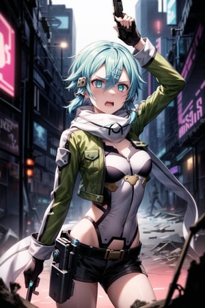 ((Best quality)), masterpiece, Sinon1, (surprised:1.5), (scared:1.5), lips, aiming at viewer, holding pistol, ((Sinon, cyberpunk, hair ornament, hairclip)), ((arms outstretched, pose)), 1girl, bangs, belt pouch, black gloves, black shorts, blue eyes, blue hair, fingerless gloves, green jacket, green legwear, gun, hair between eyes, hair ornament, hairclip, highres, jacket, long sleeves, outdoors, handgun, scarf, shadow, short hair, short hair with long locks, short shorts, shorts, sidelocks, Sinon, pistol, solo, sword art online, weapon, Anime illustration, post-apocalyptic cyberpunk setting, cowboy shot.

Sinon appears out of breath and agitated, with a surprised and scared expression, lips slightly parted, as she senses something or someone behind her. She is holding her handgun, arms outstretched, aiming it at the viewer but glancing over her shoulder with wide, frightened eyes. The background features a ruined cityscape with neon signs, broken buildings, and flickering lights, enhancing the cyberpunk atmosphere. The scene is lit with a mix of neon glows and dark shadows, emphasizing the chaotic and dystopian environment, reinforcing the tension and her heightened sense of alertness.