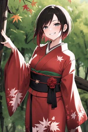 ((best quality)), ((highly detailed)), masterpiece, 1 girl, ruby rose, short hair, BREAK, grin, smirk, kimono, momiji, maple_leaves, japanese maple tree, minimalism, (cowboy shot:1.2), standing, , intricately detailed, hyperdetailed, blurry background, depth of field, best quality, masterpiece, intricate details, tonemapping, sharp focus, hyper detailed, trending on Artstation, 1 girl, high res, official art,