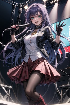 ((best quality)),  ((highly detailed)),  masterpiece,1girl, solo, smile, open mouth, skirt, shirt, hair ornament, gloves,  holding, jacket, stage, pantyhose,  boots, black gloves, hairclip, fingerless gloves, collar, two-tone hair, red hair, black jacket, plaid, black shirt, red skirt, plaid skirt, red footwear, microphone, red nails, spikes, cross-laced footwear, music, leather, holding microphone, singing, leather jacket ,(sasha, long hair, purple hair, green eyes),RockOfSuccubus