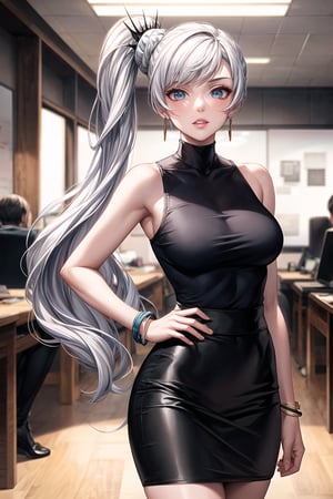((best quality)),  ((highly detailed)),  masterpiece,  ((official art)), (weiss schnee, side ponytail, earrings),lips, sleeveless, bare shoulders, figure, turtleneck, ((black shirt)), black pencil skirt,office, lady office, print skirt, floral print, high-waist skirt, shirt_tucked_in, building, bracelet, parted lips, cellphone picture, indoors, intricately detailed, hyperdetailed, blurry background, depth of field, best quality, masterpiece, intricate details, tonemapping, sharp focus, hyper detailed, trending on Artstation, 1 girl, high res, official art,