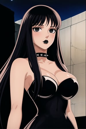 ((best quality)),  ((highly detailed)),  masterpiece,  ((official art)),(Saori Kido, Saori, long hair, black hair:1.3),((black eyes, empty eyes,expressionless,hypnosis)),(((white skin))) ,((makeup,lipstick, black lips:1.2)),absurdres, (spiked collar:1.2),  coyboy shot:1.3, thighhighs, lips,  blush,  (black latex:1.3),  black dress:1.2,  miniskirt  ((bodyconf)),  bare shoulders,  (( strapless)),  large breast,  looking at viewer,  street,  city,  nigth,  moon,  club,  (nigth club),  , hd quality,  perfect face , realistic,  realistic body,  perfect face sync,  , b1mb0,,,black lips