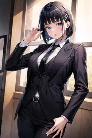 (best quality), (highly detailed), masterpiece, (official art), suguha, short hair, black hair, bob cut, hairclip, hair ornament, blunt bangs, lips, smile, necktie,pose,  black jacket,(black suit), open suit,  open jacket,long sleeves, shirt tucked in,looking at viewer, shirt, black necktie, white shirt, medium breasts,window, formal, office lady,pants, black pants, black belt, business suit, suit,  (intricately detailed, hyperdetailed), blurry background,depth of field, best quality, masterpiece, intricate details, tonemapping, sharp focus, hyper detailed, trending on Artstation,1 girl, solo,high res,official art