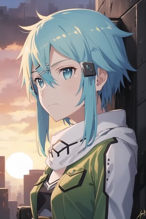 (best quality), (highly detailed), masterpiece, (official art), ((sinon1, cyberpunk, hair ornament, hairclip)), 1girl, portrait, bangs, blue eyes, blue hair, blurry, blurry background, fingerless gloves, green jacket, hair between eyes, hair ornament, hairclip, highres, jacket, long sleeves, outdoors, scarf, short hair, short hair with long locks, sidelocks, signature, sinon, solo, sunset, sword art online, turning head, half-open eyes, smug expression, speaking, 
