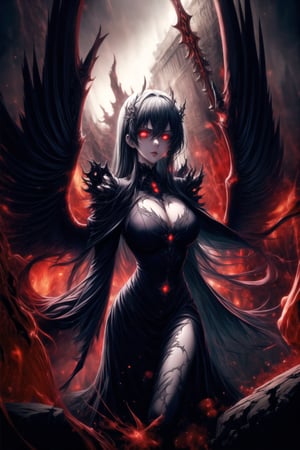 Elizabeth, black hair, lips, ruler of hell, black wings,darkness wings,wings,demon wings,stands as a malevolent dictator, her long hair flowing like darkness itself, gradient from white to dark, framing her cold gaze. Her elaborate gown, adorned with sinister symbols and glowing red accents, reflects her dominance and cruelty. The background features a hellish landscape: rivers of lava, jagged rocks, tormented souls, and dark clouds with lightning. Eerie, red and black glows illuminate the scene, capturing the dark and oppressive atmosphere of her dominion.