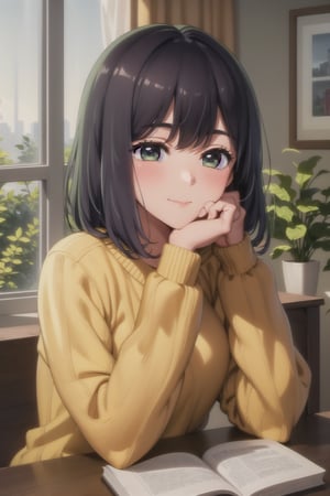 masterpiece, best quality, 1girl, looking at viewer, blush, long sleeves, sitting, closed mouth,  upper body,  indoors, book, window, plant, head rest, book stack, blunt bangs, sweater, soft smile,akane