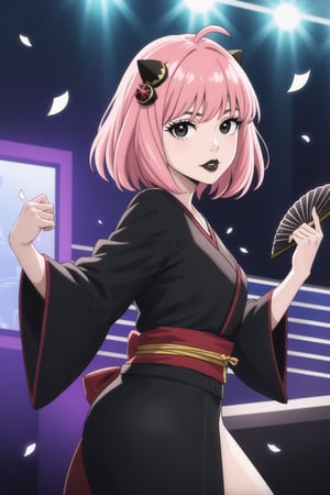 (best quality), (highly detailed), masterpiece, (official art),  ,anya forger:1.3,ahoge, hair ornament,( anya, hair ornament, pink hair, short hair), lips:1.2, black lips:1.4, makeup:1.2, lipstick:1.2,  makeup, black eyes:1.2,black kimono,obi, dance,hand fan,white confetti,, looking at viewer, (/nightclub scene, neon lights)), , club, (nigth club), ,hd quality, perfect face ,realistic, realistic body , perfect face sync,night club,StandingAtAttention,marinette,night club,b1mb0, dancing:1.2,