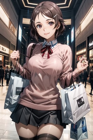 ((best quality)),  ((highly detailed)),  masterpiece,  ((official art)),  detailed face,  beautiful face,  (detailed eyes,  deep eyes),(, shopping_mall,, retail_therapy),  cowboy shot, extravagant shopping spree,  (shopping:1.2),high society,(smile:1.2, happy), rika, brown hair, hair clip, brown eyes, freckles,Black skirt,school uniform,((pink sweater:1.2)), zettai ryouiki, neck ribbon pleated skirt, black thighhighs,(at sides, looking at sides), curvaceous,  voluptuous body,  medium breast,  (intricately detailed, hyperdetailed), blurry background, depth of field, best quality, masterpiece, intricate details, tonemapping, sharp focus, hyper detailed, trending on Artstation, 1 girl, solo, high res, official art,RockOfSuccubus