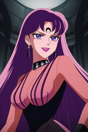 (best quality), (highly detailed), masterpiece, (official art), Saori Kido, long hair, purple hair, purple eyes, makeup, ((forehead mark, crescent facial mark, black crystal earrings)), aged up, evil smile, lips, lipstick, posing, anime coloring, ((black dress, long sleeves, see-through)), pink dress, side slit, A dark and mysterious female character inspired by the style of classic anime. She has an evil face with an evil smile, giving her an imposing and intimidating presence. The overall atmosphere is dark and mysterious, with a sense of power and control emanating from her posture.,