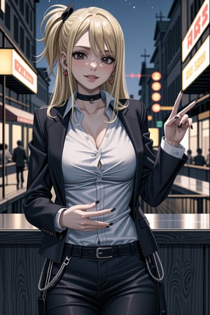 ((best quality)),  ((highly detailed)),  masterpiece,1girl, 1girl, (lips:1.2), seductive smile, smirk, naughty_face,nail polish, solo,   black pants,  formal,  black jacket,  open jacket,  (white shirt),  belt, ,  black jacket, (black suit),  long sleeves,  shirt tucked in,, (black choker), blush, earrings, black nails, looking at viewer, standing, cowboy shot, fingernails,  bar,outdoor,lamp,nigth,space, alcohol, sexy pose:1.2, purple nails, wristband, lucyheartfilia, one side up, long hair, blonde hair, brown eyes,<lora:659111690174031528:1.0>