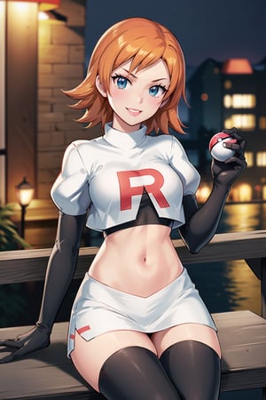 (best quality), (highly detailed), masterpiece, (official art), nora_valkyrie, orange hair, short hair, blue eyes, posing, lips, ( evil smile), sitting, poke ball, poke ball (basic), holding poke ball,Team Rocket, cropped jacket, white jacket, crop top, jacket, gloves, black gloves, elbow gloves, navel, midriff, white skirt, miniskirt, skirt, thighhighs,, looking at viewer, china, asiática, city, night, sky, (intricately detailed, hyperdetailed), blurry background,depth of field, best quality, masterpiece, intricate details, tonemapping, sharp focus, hyper detailed, trending on Artstation,1 girl, high res, official art