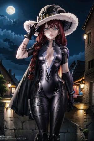((best quality)), ((highly detailed)), masterpiece, ((official art)), irenedef, extralong braids, witch hat,  evil grin,, (widowsuit:1.2), medium breasts, tattoo, (arm tattoo:1.2) ,pose, best quality, masterpiece, intricate details, scenary, city, outdoors, rain, water drop, night, sky, moon, trending on Artstation, thigh gap,  black gloves,irenedef