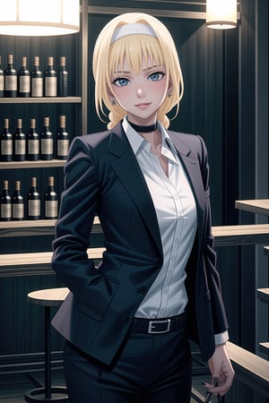 ((best quality)),  ((highly detailed)),  masterpiece,1girl, 1girl, (lips:1.2), seductive smile, smirk, naughty_face,nail polish, solo,   black pants,  formal,  black jacket,  open jacket,  (white shirt),  belt, ,  black jacket, (black suit),  long sleeves,  shirt tucked in,, (black choker), blush, earrings, black nails, looking at viewer, standing, cowboy shot, fingernails,  bar,outdoor,lamp,nigth,space, alcohol, sexy pose:1.2, purple nails, wristband,AZ, long locks, braided ponytail, bow, white hairband,,,,<lora:659111690174031528:1.0>