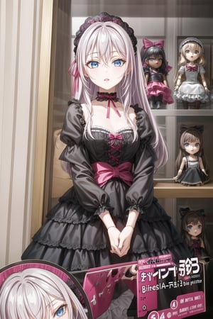 ((best quality)), ((highly detailed)), masterpiece, ((official art)), alya, long hair, grey hair, hair between eyes,hair ribbon,Blythe pullip big head doll, gothic lolita doll playset, inbox doll play set, plastic box,inboxDollPlaySetQuiron style