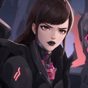 (best quality), (highly detailed), masterpiece, (official art),  dva, brown hair, messy hair, brown eyes, black lips:1.2, lips:1.3,cinematic illustration of D.Va (Hana Song) reimagined as a deadly assassin for Talon. She wears a sleek, form-fitting black and red tactical suit, designed for stealth and combat. The suit is accented with red, glowing lines and Talon’s emblem, highlighting her allegiance. Her expression is cold and determined, metallic black suit with glowing red circuits and a visor replacing her sunglasses. Her black lips contrast with the bright red emblem ,hd quality, perfect face ,realistic, realistic body , perfect face sync,,b1mb0, 