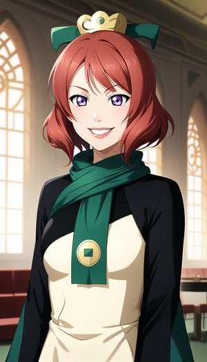 score_9, score_8_up, score_7_up, intricate details,1girl, lovelive_maki, nishikino maki, red hair, short hair, indoors,joo dee, dress, crown, scarf, hair ornament, grin, smile, lips, cowboy shot, smirk, arms at sides, long slevees, holding tray, cowboy shot