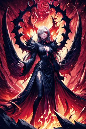 Elizabeth, white hair,hair_over_eye ,lips, ruler of hell, black wings,darkness wings,wings,demon wings,stands as a malevolent dictator, her long hair flowing like darkness itself, gradient from white to dark, framing her cold gaze. Her elaborate gown, adorned with sinister symbols and glowing red accents, reflects her dominance and cruelty. The background features a hellish landscape: rivers of lava, jagged rocks, tormented souls, and dark clouds with lightning. Eerie, red and black glows illuminate the scene, capturing the dark and oppressive atmosphere of her dominion.,shadow