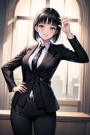 (best quality), (highly detailed), masterpiece, (official art), suguha, short hair, black hair, bob cut, hairclip, hair ornament, blunt bangs, lips, smile, necktie,pose,  black jacket,(black suit), open suit,  open jacket,long sleeves, shirt tucked in,looking at viewer, shirt, black necktie, white shirt, medium breasts,window, formal, office lady,pants, black pants, black belt, business suit, suit,  (intricately detailed, hyperdetailed), blurry background,depth of field, best quality, masterpiece, intricate details, tonemapping, sharp focus, hyper detailed, trending on Artstation,1 girl, solo,high res,official art