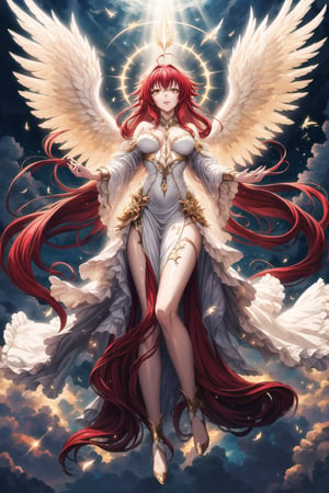 (best quality), (highly detailed), masterpiece, (official art), Rias Gremory as a serene angel, lips smile, with long flowing red hair and a delicate ahoge, luminous white wings spread wide behind her. She is wearing a simple, elegant white gown that flows gracefully around her, softly billowing as she floats in the sky. Rias stands with her arms gracefully open, as if welcoming you with a serene and benevolent presence, her yellow eyes. Rays of divine light shine down from the heavens, illuminating her figure, while she hovers among soft, glowing clouds. The sky is a serene blend of soft pastels, with golden rays breaking through, creating a heavenly and peaceful atmosphere. Her wings emit a gentle, ethereal light, adding to her angelic presence.