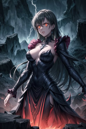 Elizabeth, black hair, lips, ruler of hell, stands as a malevolent dictator, her long hair flowing like darkness itself, gradient from white to dark, framing her cold gaze. Her elaborate gown, adorned with sinister symbols and glowing red accents, reflects her dominance and cruelty. The background features a hellish landscape: rivers of lava, jagged rocks, tormented souls, and dark clouds with lightning. Eerie, red and black glows illuminate the scene, capturing the dark and oppressive atmosphere of her dominion.