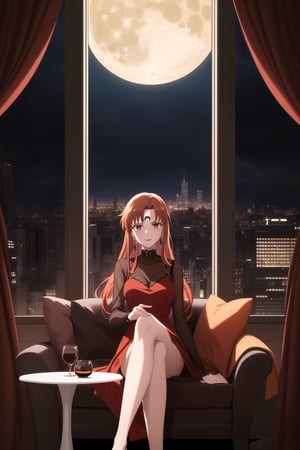 (best quality), (highly detailed), masterpiece, (official art),asuna yuuki, long hair, orange hair, red hair, brown eyes, looking at viewer,  dress, jewelry, see-through, facial mark, moon,  aged up, forehead mark, crescent facial mark, crystal earrings,  sitting, crossed_legs_(sitting),
Modern luxury lounge with dim lighting, featuring sleek black leather sofas, glass tables, and soft ambient lighting from wall sconces. A large window in the background reveals a city skyline at night, adding a touch of sophistication to the scene,