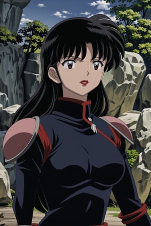 ((best quality)), ((highly detailed)), masterpiece, ((official art), medium breasts, (((bodysuit, pauldrons, armor))),(higurashi kagome, black hair, brown eyes, long hair), (((red lips, red eyes,expressionless))), lips,  Japan, intricately detailed, hyperdetailed, blurry background,depth of field, best quality, masterpiece, intricate details, tonemapping, sharp focus, hyper detailed, trending on Artstation,1 girl, high res, official art,beautiful detailed eyes,higurashi kagome,<lora:659111690174031528:1.0>