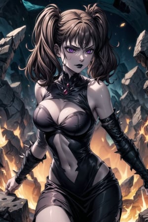 ((Best quality)), masterpiece, Diane, twintails, bangs, brown hair, purple eyes,((Lips, black lips))

Anime illustration of Diane as the personal minion and elite warrior of Elizabeth, the ruler of hell. Diane has been corrupted by the same dark power and forbidden magic, transformed into a succubus serving the dark queen. Her brown hair is styled in twintails with bangs, and her eyes now glow with an unnatural, sinister purple hue.

Diane wears a revealing, dark armor adorned with infernal symbols and spikes, designed for both seduction and combat. Her outfit is accented with glowing red and black highlights, matching the malevolent aesthetics of her queen. Her demeanor is one of unwavering loyalty and cruelty, reflecting her complete submission to Elizabeth's will. 

The background continues to feature the hellish landscape with rivers of lava, jagged rocks, and tormented souls. Diane stands ready for battle, her posture indicating readiness to enforce her queen's cruel commands. The scene is lit with the same eerie red and black glows, emphasizing the dark and oppressive atmosphere of their infernal domain.