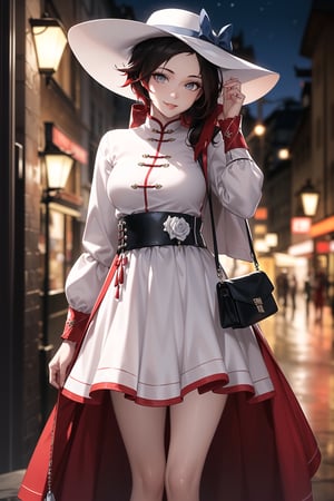 (best quality), (highly detailed), masterpiece, (official art), ,(ruby rose:1.2), long hair, lips, lips, (( hat,sun hat, dress,  blue ribbon, hat ribbon, bag, belt, white dress, white headwear, ribbon, handbag, long sleeves, standing, white legwear, holding,  smile, holding bag, long skirt, v arms)), looking at viewer, china, asiática, city, night, sky,  (intricately detailed, hyperdetailed), blurry background,depth of field, best quality, masterpiece, intricate details, tonemapping, sharp focus, hyper detailed, trending on Artstation,1 girl, high res, official art,StandingAtAttention,bestiality,Weiss_RWBY