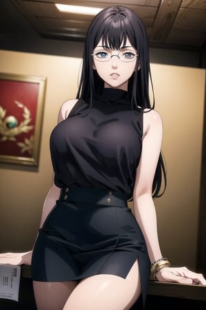 ((best quality)),  ((highly detailed)),  masterpiece,  ((official art)), (lolopechka, black hair, bangs, long hair, glasses),lips, sleeveless, bare shoulders, figure, turtleneck, ((black shirt)), black pencil skirt,(office), lady office, print skirt, floral print, high-waist skirt, shirt_tucked_in, building, bracelet, parted lips,  indoors, intricately detailed, hyperdetailed, blurry background, depth of field, best quality, masterpiece, intricate details, tonemapping, sharp focus, hyper detailed, trending on Artstation, 1 girl, high res, official art