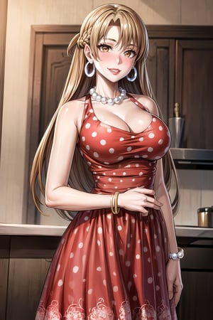 (best quality), (highly detailed), masterpiece, (official art),(aaasuna, long hair, brown hair, braid, brown eyes,),(Stepford),lips, makeup, lipstick,red lips,smile, (hand on own chest),(polka dot:1.4), (polka dot dress:1.4),(pearl necklace:1.2), pearl bracelet, bare shoulders,(red dress:1.2),(aroused), nose blush ,standing, big breasts, (large pearl necklace), (hoop earrings:1.2), (intricately detailed, hyperdetailed), blurry background,depth of field, best quality, masterpiece, intricate details, tonemapping, sharp focus, hyper detailed, trending on Artstation,1 girl, high res,facing viewer, official art
